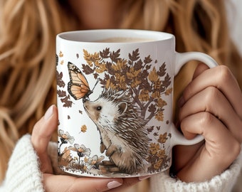 Autumn hedgehog mug, cute nature mug aesthetic