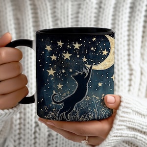 星空の夜の黒猫マグカップ 芸術的、かわいい妖精の天空の猫マグカップ