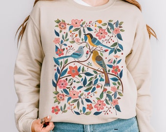 Artistic folklore bird sweatshirt, botanical floral birds sweatshirt
