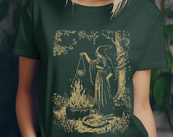 Green Witch T-Shirt, Forest Cauldron Graphic Tee, Botanical