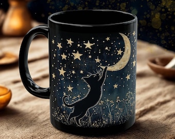 Starry night black cat mug artistic, cute fairy celestial cat mug - 11oz