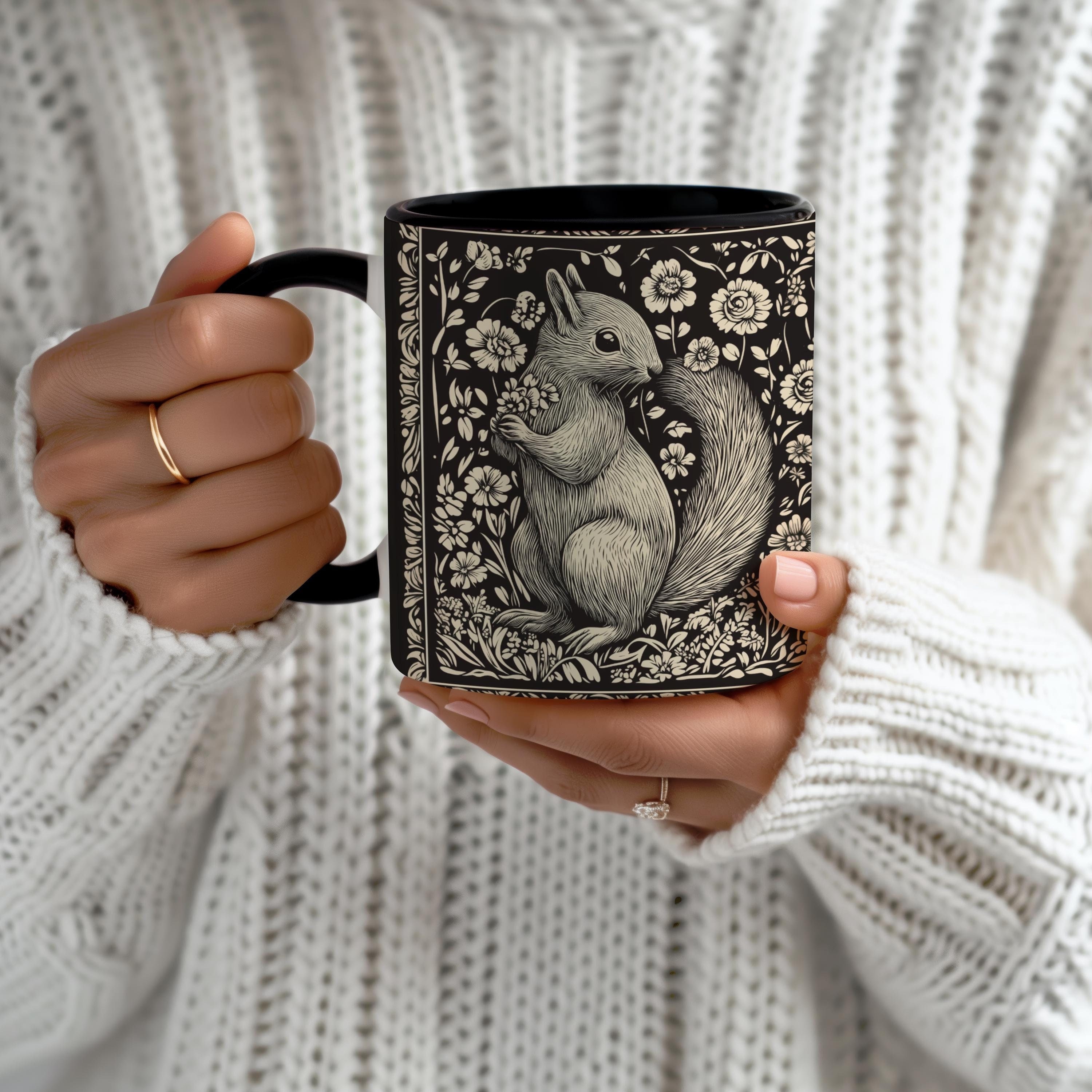 Elegant botanical squirrel mug, cute floral squirrel mug artistic