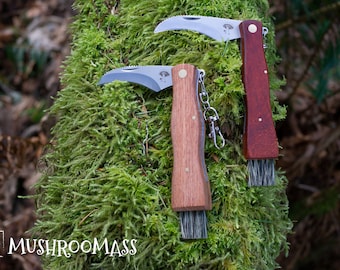 May include: Two mushroom cleaning knives with wooden handles and a brush on the end. The knives have a curved blade and a serrated edge. The handles are made of different types of wood. The knives are on a bed of green moss.