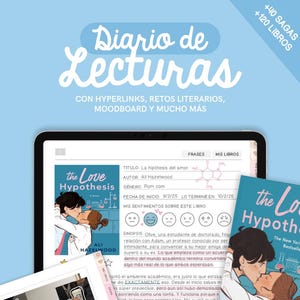 Puede incluir: Una tableta digital que muestra un diario de lectura con el título "Diario de Lecturas" y el libro "The Love Hypothesis" de Ali Hazelwood. La imagen incluye portadas de libros, notas y una taza de café.