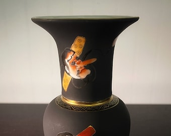 Vintage Japanese Matte Black Porcelain Vase with Enamel Noh Masks and Brass Accents