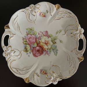 Beautiful Gold Gilded Serving Plate with Roses and Handles