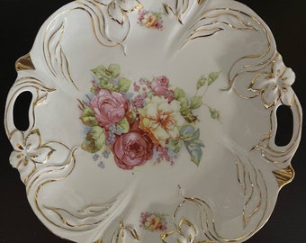 Goudvergulde porseleinen serveerschaal met rozen, handgrepen, 11 inch