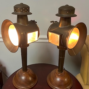 Amazing Pair of Antique Brass Carriage Lanterns Converted to MCM Teak-based Table Lamps