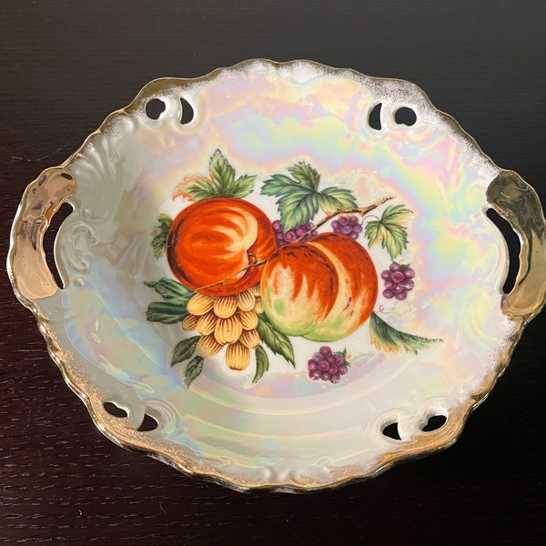 Vintage Nippon Yoko Boeki Co Iridescent Hand Painted Pierced Plate Decorated with Fruit, Nuts and Gold Gilding