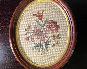 Vintage Floral Needlepoint Oval Framed in Cherrywood