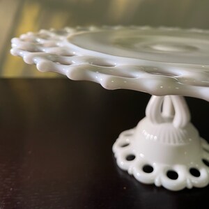 Vintage 1950s Westmoreland Milk Glass Pedestal Cake Stand in the Doric Pattern with an Open Lacy Edge and Decorative Base
