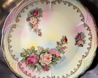 Vintage Rose Platter 12 inch Round Ceramic with Decorative Painted Pink Blue and Yellow