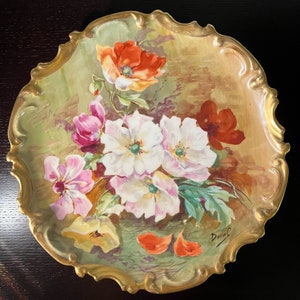 Antiker Grand Coronet Limoges dekorativer handbemalter Teller mit Goldvergoldung, signiert vom Künstler um 1910, seltener blauer Bodenstempel