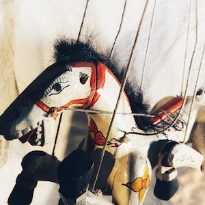 Vintage Marionette Horse Puppet Hand-Carved and Hand Painted Wooden from Burma with Real Horsehair and Original Strings 1940s