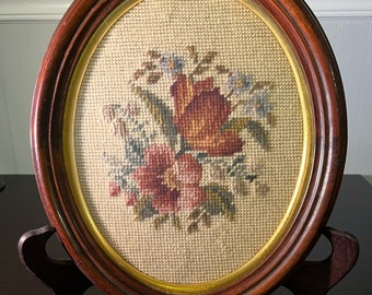 Vintage Floral Needlepoint Oval Framed in Cherrywood