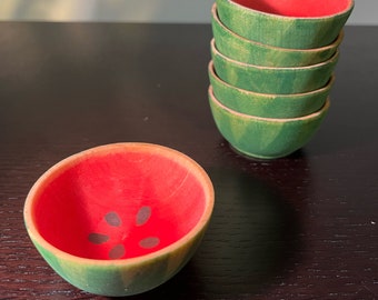 Set of Six Wooden Hand Painted Watermelon Finger Bowls