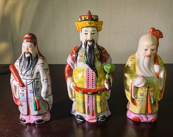 Vintage Chinese Immortal Deities, Fu Lu Shou, Set of 3, Hand Painted Gods of Three Stars and Three Qualities, Auspicious Feng Shui Symbols