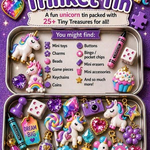 May include: A purple Unicorn Trinket Tin filled with mini toys, charms, beads, game pieces, keychains, and coins. The tin includes a crayon, dice, and a variety of unicorn-themed accessories. The text on the tin says "Unicorn Trinket Tin".