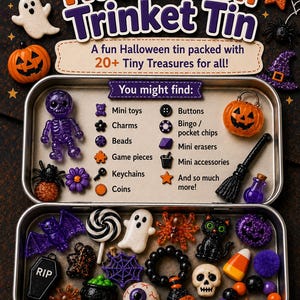 May include: A rectangular metal tin filled with assorted Halloween-themed miniature items including a purple skeleton, a black cat, a white ghost, a skull, a candy corn, a black cauldron, and various charms, beads, and small plastic trinkets.