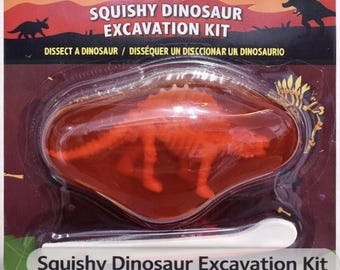 May include: A Squishy Dinosaur Excavation Kit in a clear plastic package. The kit includes a red dinosaur skeleton encased in a clear gel, and a small white digging tool. The packaging features text that reads "Squishy Dinosaur Excavation Kit" and "Dig & Discover Dino Surprise!"