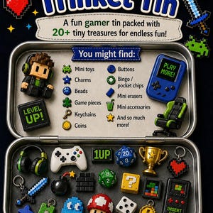 May include: A metal tin labelled Gamer Trinket Tin containing various miniature gaming-themed items including a pixelated character, a blue handheld console, dice, a gold trophy, a mushroom, and keychains. The interior lid lists contents.