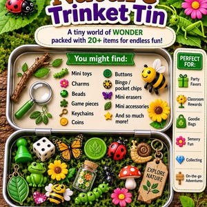 May include: A metal tin containing a collection of small nature-themed items including a green frog, ladybug, snail, mushroom, bee, butterfly, dice, and a wooden tag labelled EXPLORE NATURE. The set includes various miniature toys, charms, and beads.