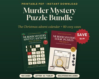 Könnte beinhalten: Ein druckbares PDF-Krimi-Rätselpaket mit zwei Büchern: einem dunkelgrünen Krimi-Adventskalender und einem weinroten Buch mit Logikrätseln. Die Einbände zeigen Rasterlayouts, eine Lupe und verschiedene Textelemente.