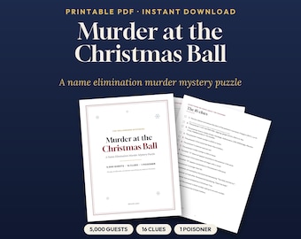 Puede incluir: Un rompecabezas de misterio de asesinato en PDF imprimible titulado Murder at the Christmas Ball. El documento incluye una portada con 5,000 invitados, 16 pistas y 1 envenenador, junto a una página que enumera las 16 pistas del juego.
