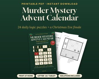 Könnte beinhalten: Ein druckbarer Murder Mystery Adventskalender mit 24 täglichen Logikrätseln und einem Finale an Heiligabend. Das dunkelgrüne Cover zeigt ein Gitter aus nummerierten Quadraten, während die Innenseiten schwarz-weiße Grundrisse enthalten.