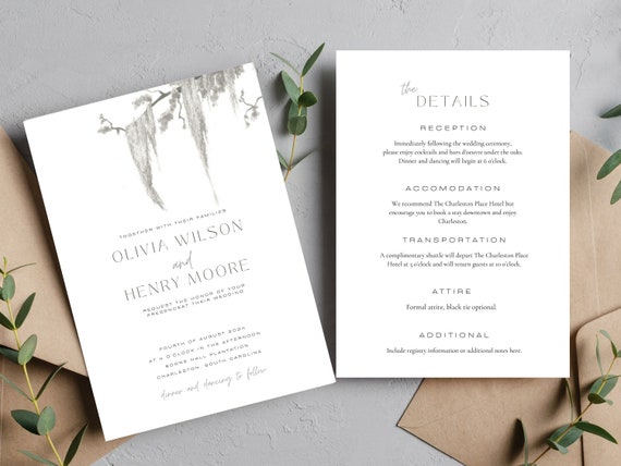 Spanish Moss Southern-Inspired Wedding Invitation, Minimalist Wedding Invitation Suite, Editable Wedding Invite Template, Simple Invitation