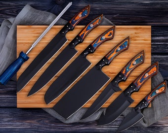 Custom handmade Damascus Chef set , Damascus full tang Knife Set , Gift for him, gift for husband, BBQ knife set, Camping Gift, USA knives