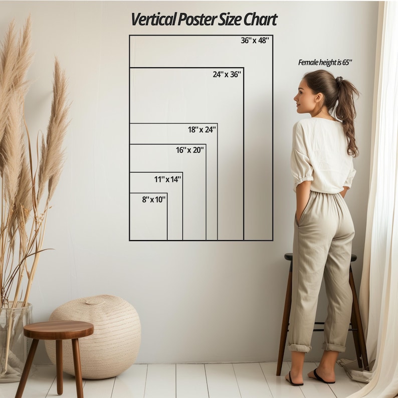 K&ouml;nnte beinhalten: Ein Diagramm, das verschiedene Postergr&ouml;&szlig;en in Zoll zeigt, mit einer Frau daneben. Das Diagramm enth&auml;lt die folgenden Gr&ouml;&szlig;en: 8x10, 11x14, 16x20, 18x24, 24x36 und 36x48. Der Text "Female height is 65" ist ebenfalls auf dem Diagramm enthalten.