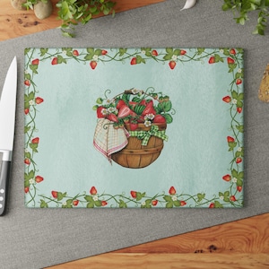 Strawberry Farm Glass Cutting Board Strawberry Kitchen Decor Charcuterie Board Housewarming Wedding Gift Coquette Style Serving Platter