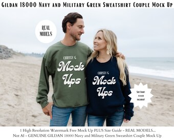 Gildan 18000 Couple Mockup | Gildan Navy Mockup | Sweatshirt Model Mockup | Gildan Military Green  |  Real Model | 18000  gildan couple