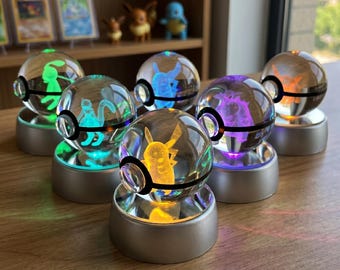 Crystal Pokeball-nachtlampje, lasergegraveerde led-kristallen bol, decor Pokémon personage, anime gamer cadeau voor bureaukamer, aandenken voor verzamelaars