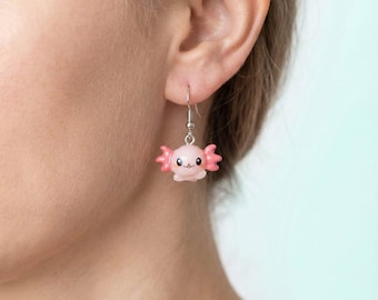 Kawaii Axolotl-hangoorbellen – roze dierensieraden van hars