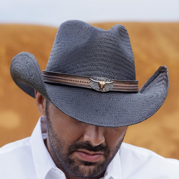 Chapéu de cowboy de palha preta | Faixa de couro com caveira prateada