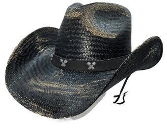 Biker Schwarzer Strohhut |  Cowboyhut, langlebiger Cowboyhut, Westernhut Stroh, handgefertigter Hut, Cowgirlhut, rustikaler schwarzer Strohhut | Konzerthut