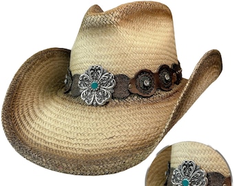 Straw Cowgir Hat| Concert Hat| Western Hat| Country Hat| Flower Cowgirl Rhinestone Hat &quot;Tem&quot; | Austin Handmade Hats| Country Festival Hat