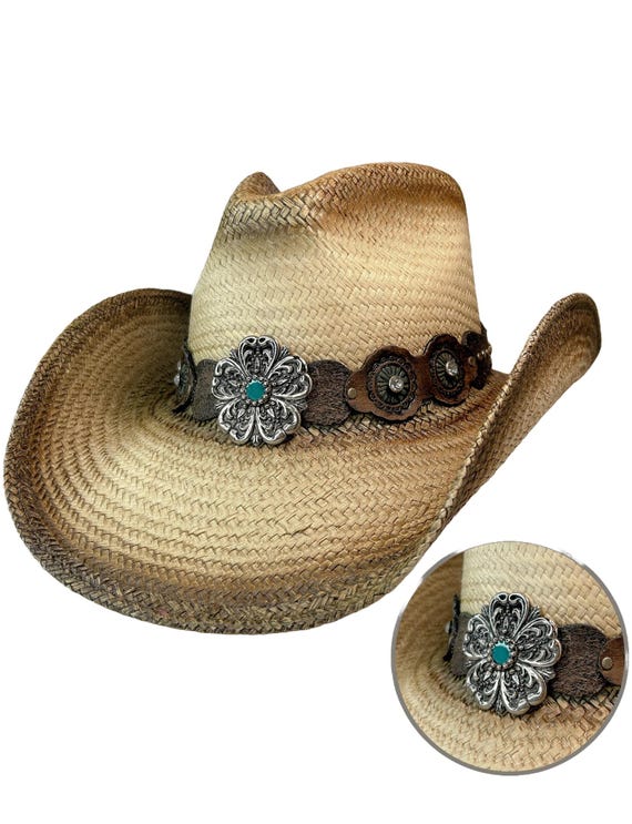 Straw Cowboy Hat with Turquoise Floral Band Vintage Straw Cowboy Hat With Turquoise Gem Flower Concho  main image 2