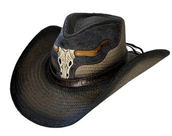 Vintage Western Straw Cowboy Hat: Bull Skull Buckle Rodeo  display picture 1