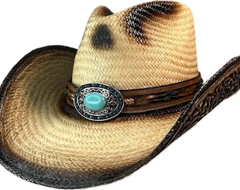 Handmade Straw Cowgirl Hat | Turquoise Stone, Leather Band