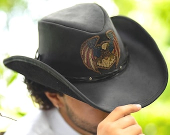Leather Cowboy Leather Hat Leather Cowgirl Hat Black Cowboy Hat Western Hat Black Hat for Him Hat for Her &quot;Eagle Fligh&quot;|Austin Handmade Hats