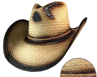 Puede incluir: Un sombrero vaquero marrón y negro hecho de paja con una banda de cuero trenzada alrededor de la corona.
