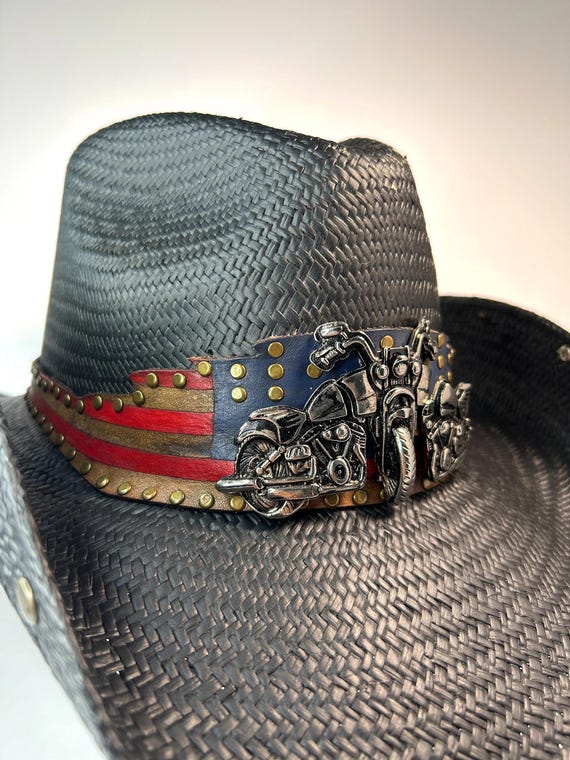 Straw Cowboy Hat with Black Band and Sun Concho Buy Unisex black worn look soft straw cowboy hat with  main image 2