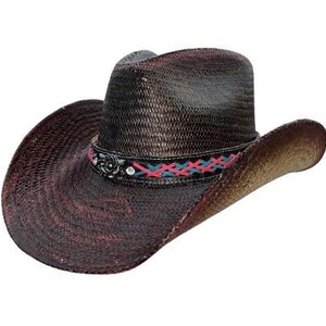 May include: A brown and black straw cowboy hat with a pink and blue braided band and a silver flower embellishment.