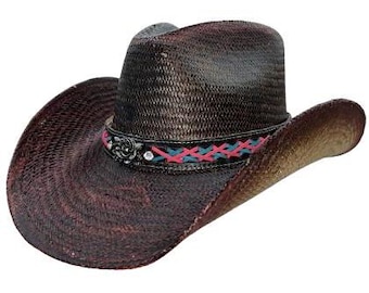 Pode incluir: Um chapéu de cowboy de palha marrom e preto com uma faixa trançada rosa e azul e um enfeite de flor prateada.