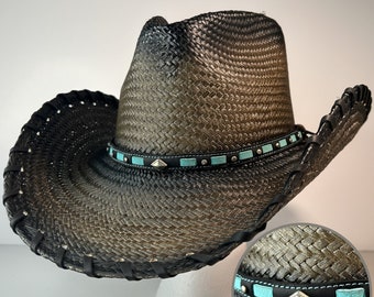 Chapéu de palha artesanal estilo cowboy | Faixa de couro turquesa, estilo country.