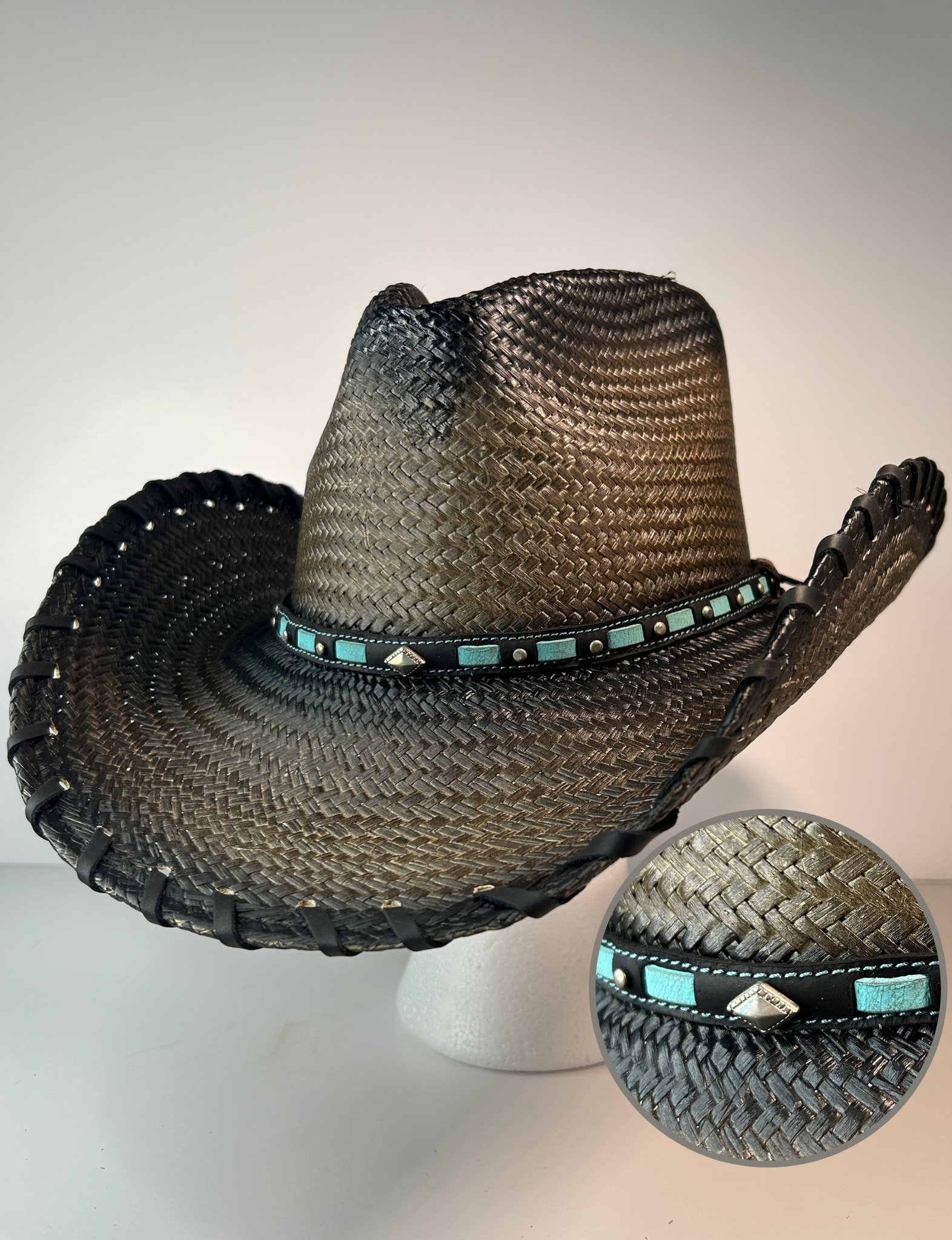 Handmade Straw Cowboy Hat | Turquoise Leather Band, Western  display picture 2