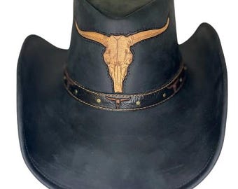 Leather Cowboy Leather Hat Leather Cowgirl Hat Black Cowboy Hat Western Hat Black Hat with Horns  "Wild Horns" |Austin Handmade Hats